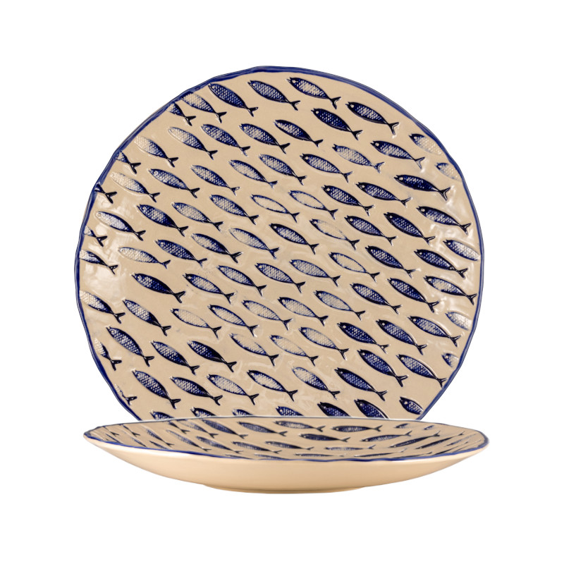 Thalassios Witte Dessertbord met Blauw Reliëfdecor Ø cm 24 h cm 3,5
