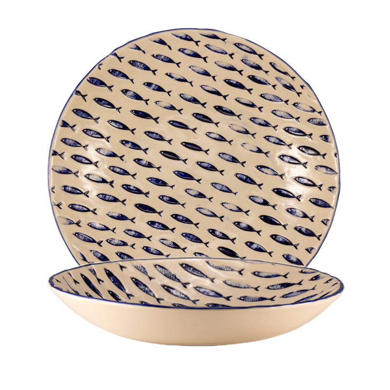 Thalassios Witte Diepe Bord met Blauw Reliëfdecor Ø cm 26 h cm 5