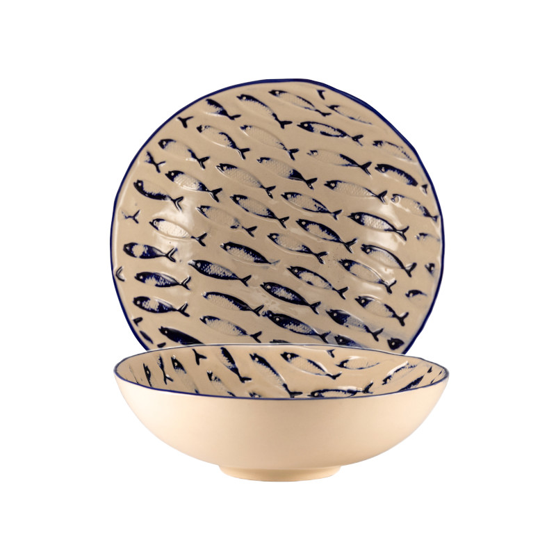 Thalassios Witte Kom met Blauw Reliëfdecor Ø cm 19 h cm 6