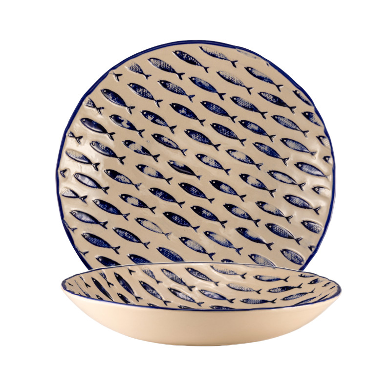 Thalassios Witte Kom met Blauw Reliëfdecor Ø cm 36 h cm 6,5