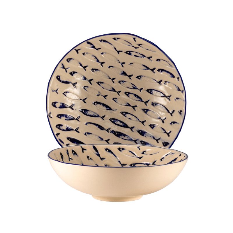 Thalassios Weiße Schale mit Blauem Prägedeckor Ø cm 19 h cm 6
